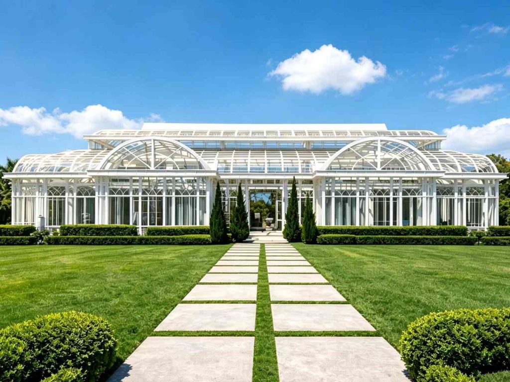 Grand finished Victorian conservatory wedding venue Blackberry Ridge Florida large white steel glass event space